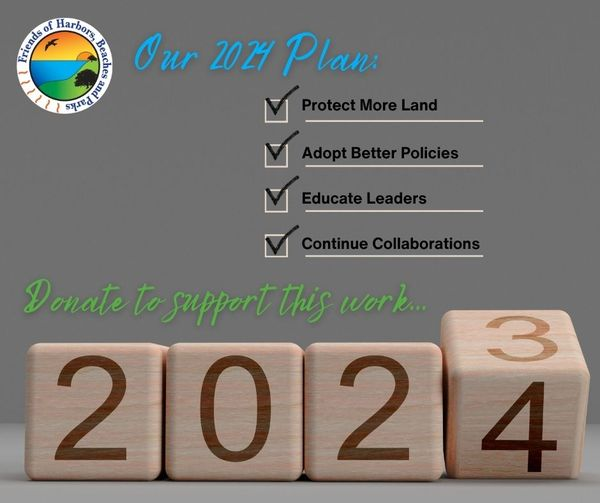 A grey background with the FHBP logo and a list of actions (protecting more land, adopting better policies, educating leaders, continuing collaborations. It requests donating to support this work as a block of 2023 transitions to 2024.